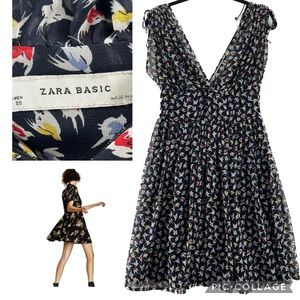 ZARA BASIC Bird Pattern Deep V Neck Sleeveless Summer Dress size XS